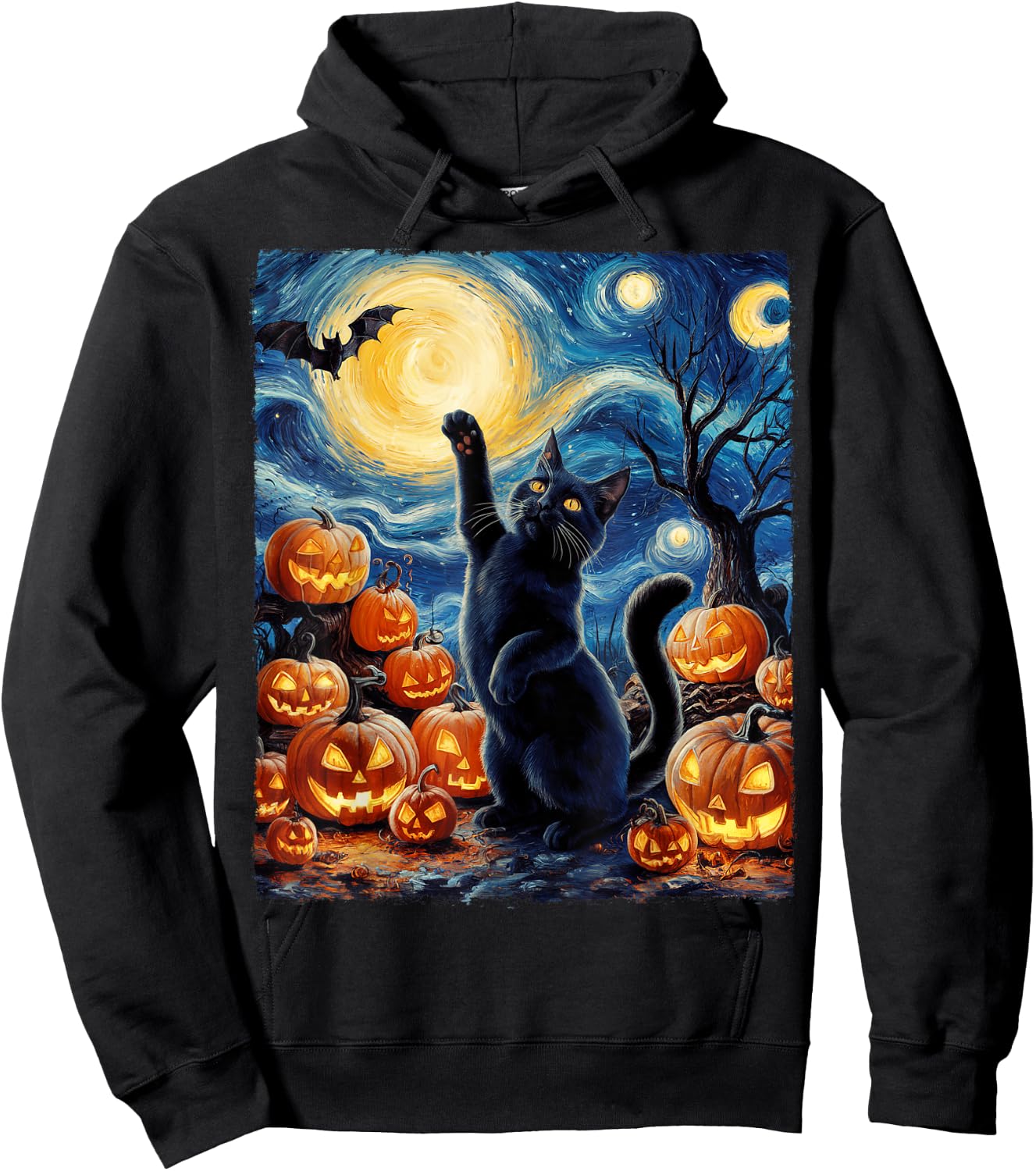 Halloween Cat Van Gogh Starry Night Pumpkin Gifts Men Women Hoodie - Hoodie | Black