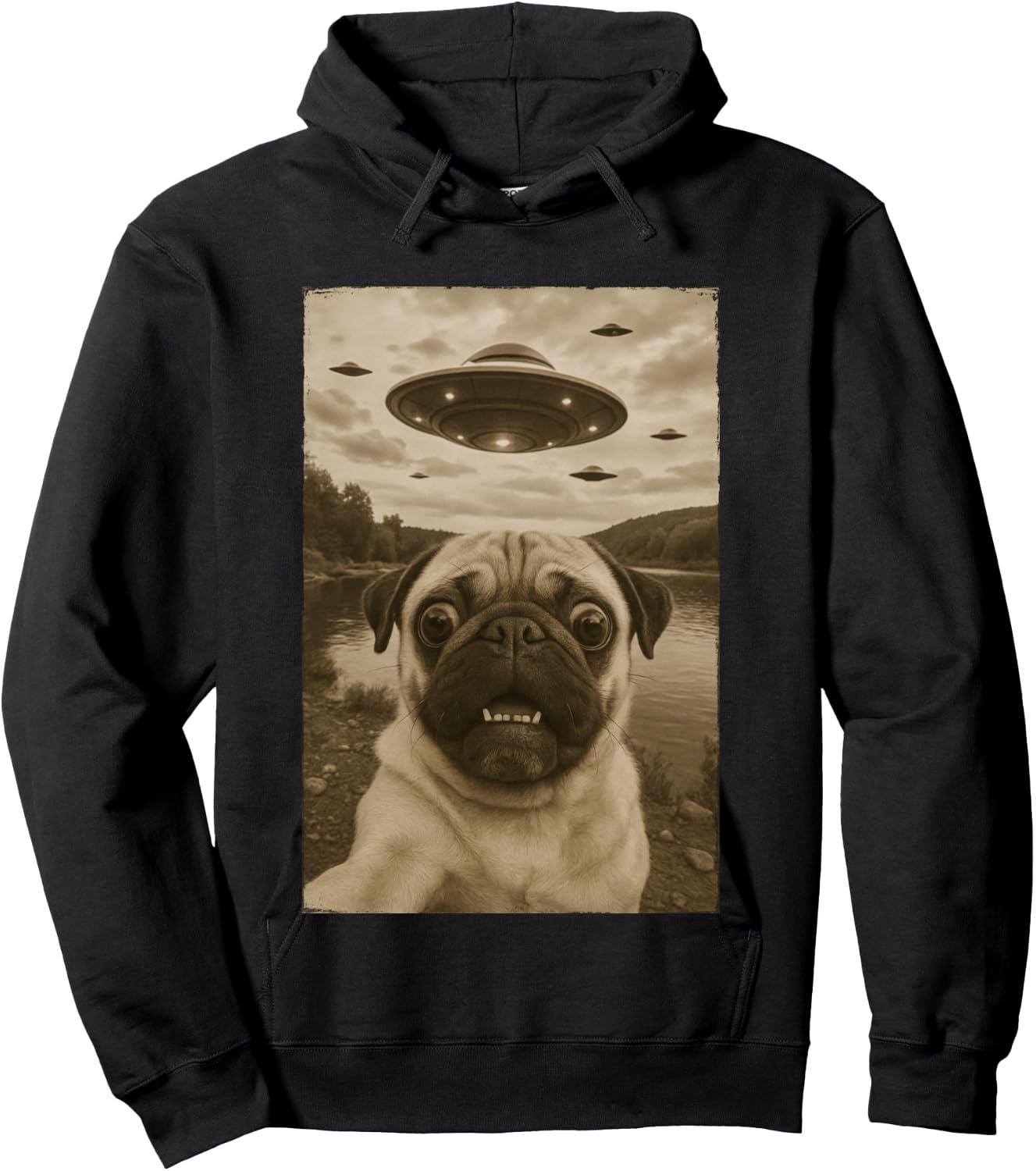Vintage Pug UFO Encounters - Funny UFO and Pug Selfie Hoodie - Hoodie | Black