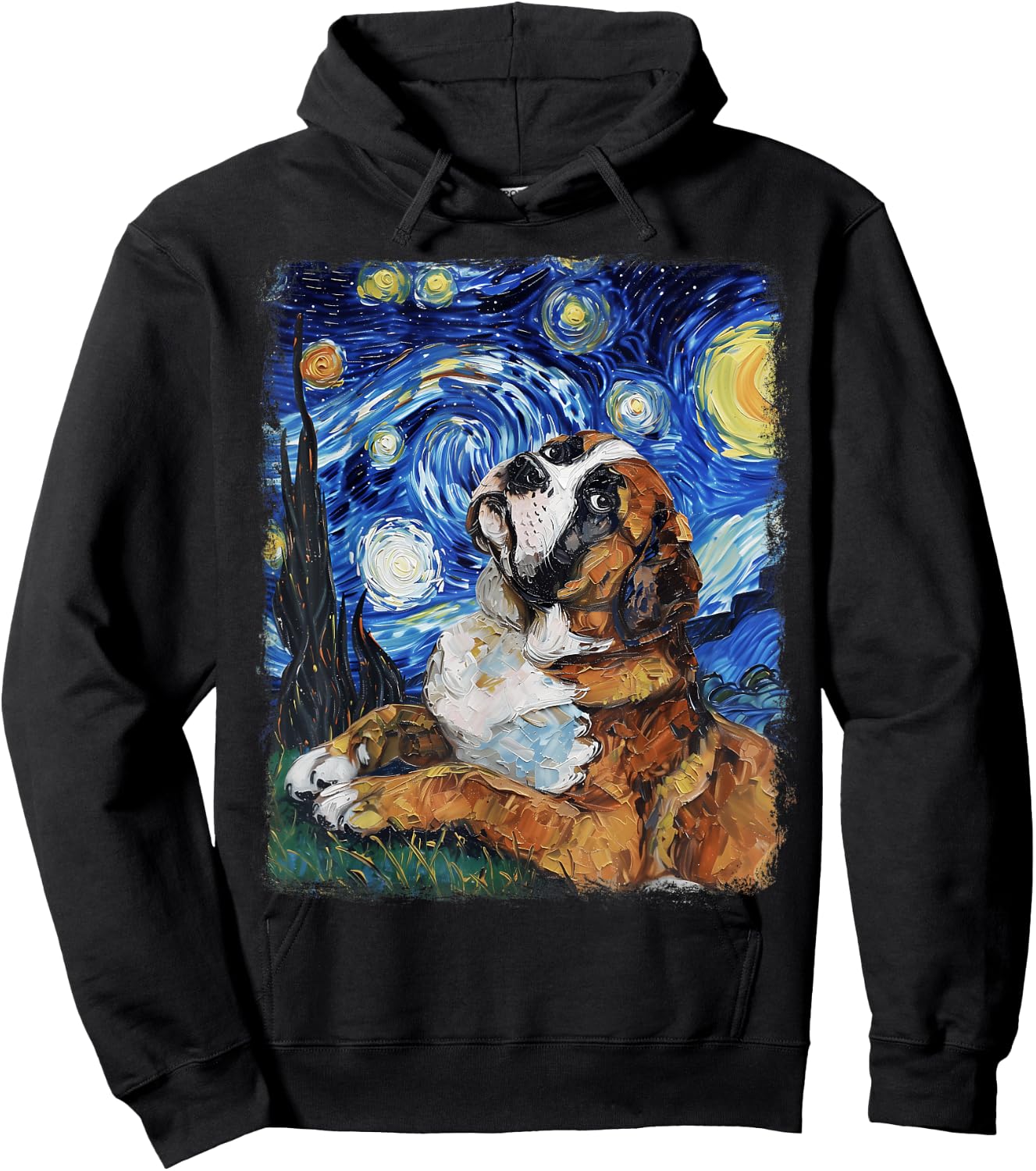 St. Bernard Dog Starry Night Painting Hoodie - Hoodie | Black