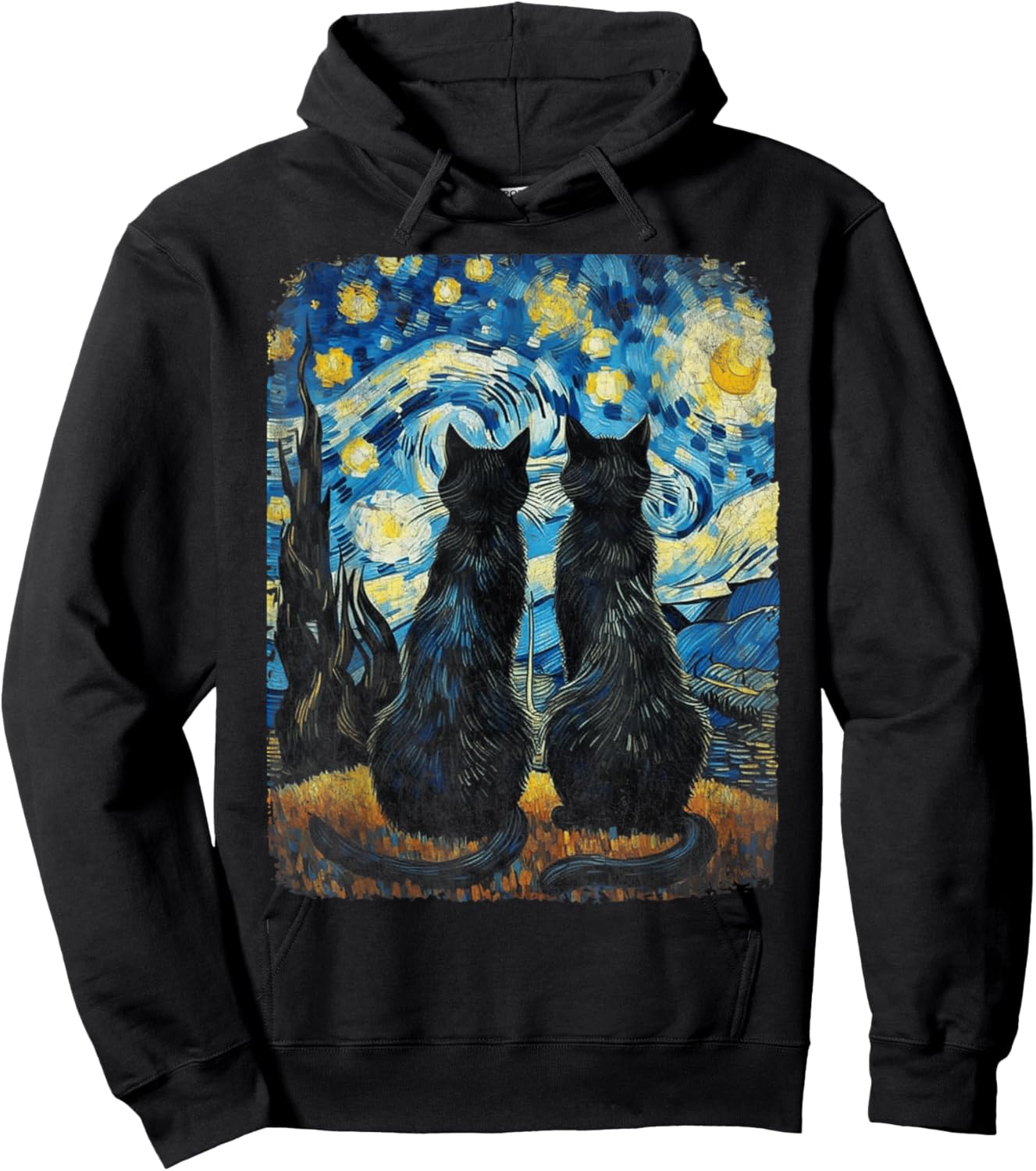 Cat Gifts for Cat Mom Dad Starry Night Van Gogh Cat Hoodie - Hoodie | Black