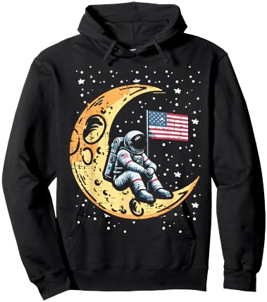 Astronaut Crescent Moon US Flag Space Patriot Men Women Kids Hoodie - Hoodie | Black