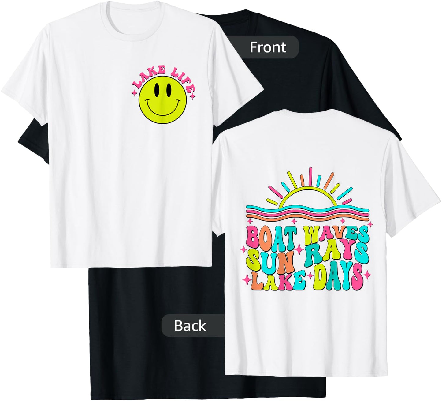 Boat Waves Sun Rays Lake Days Retro Summer vacation on Back T-Shirt - T-Shirt | Black
