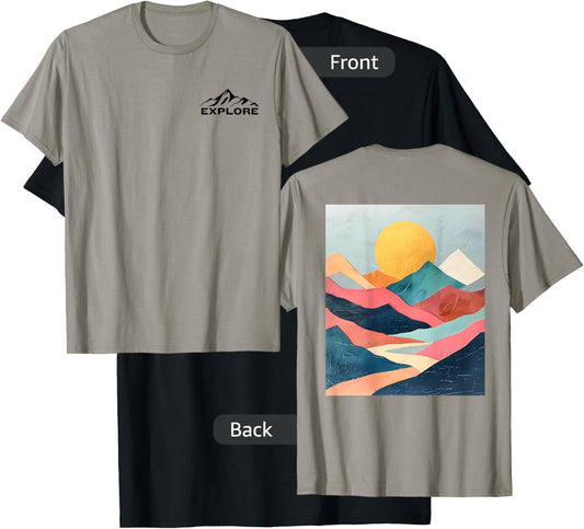 Explore - Mountain Design on Back - Abstract Pastel Colors T-Shirt - T-Shirt | Black