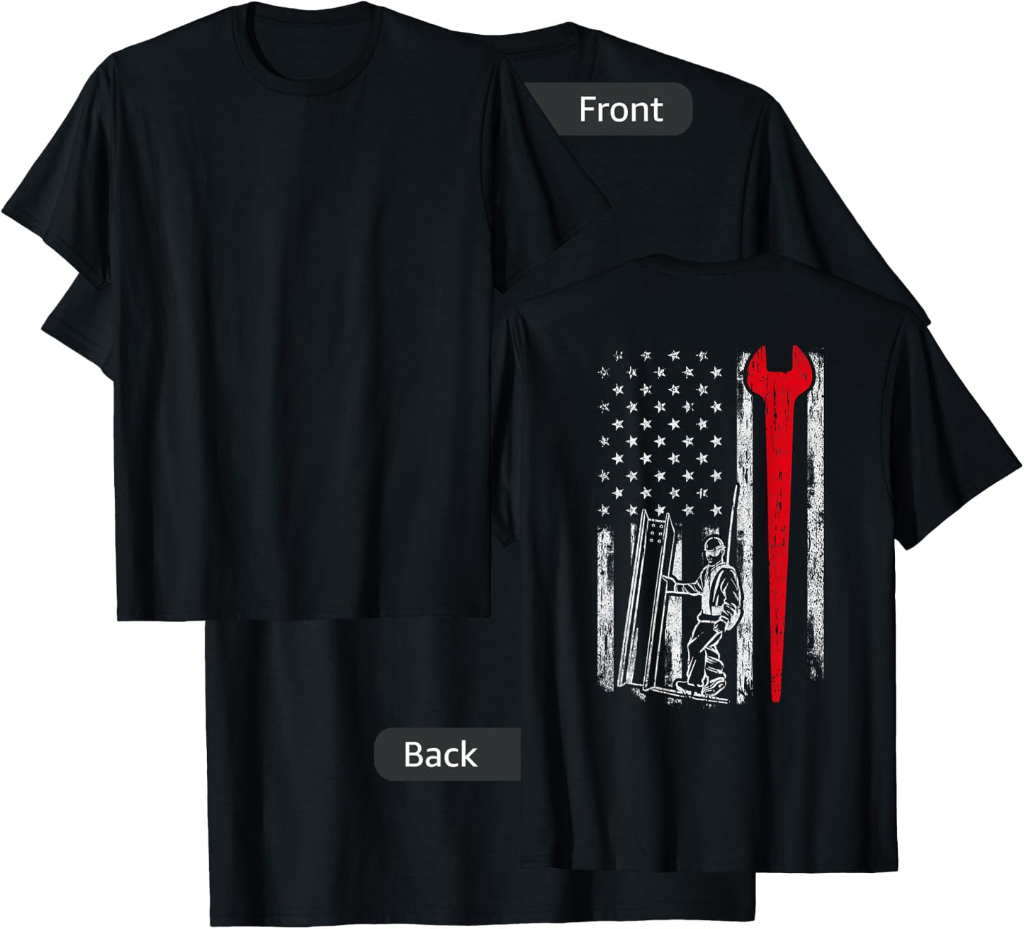 American USA Flag Ironworker Design On Back Vintage Novelty T-Shirt - T-Shirt | Black