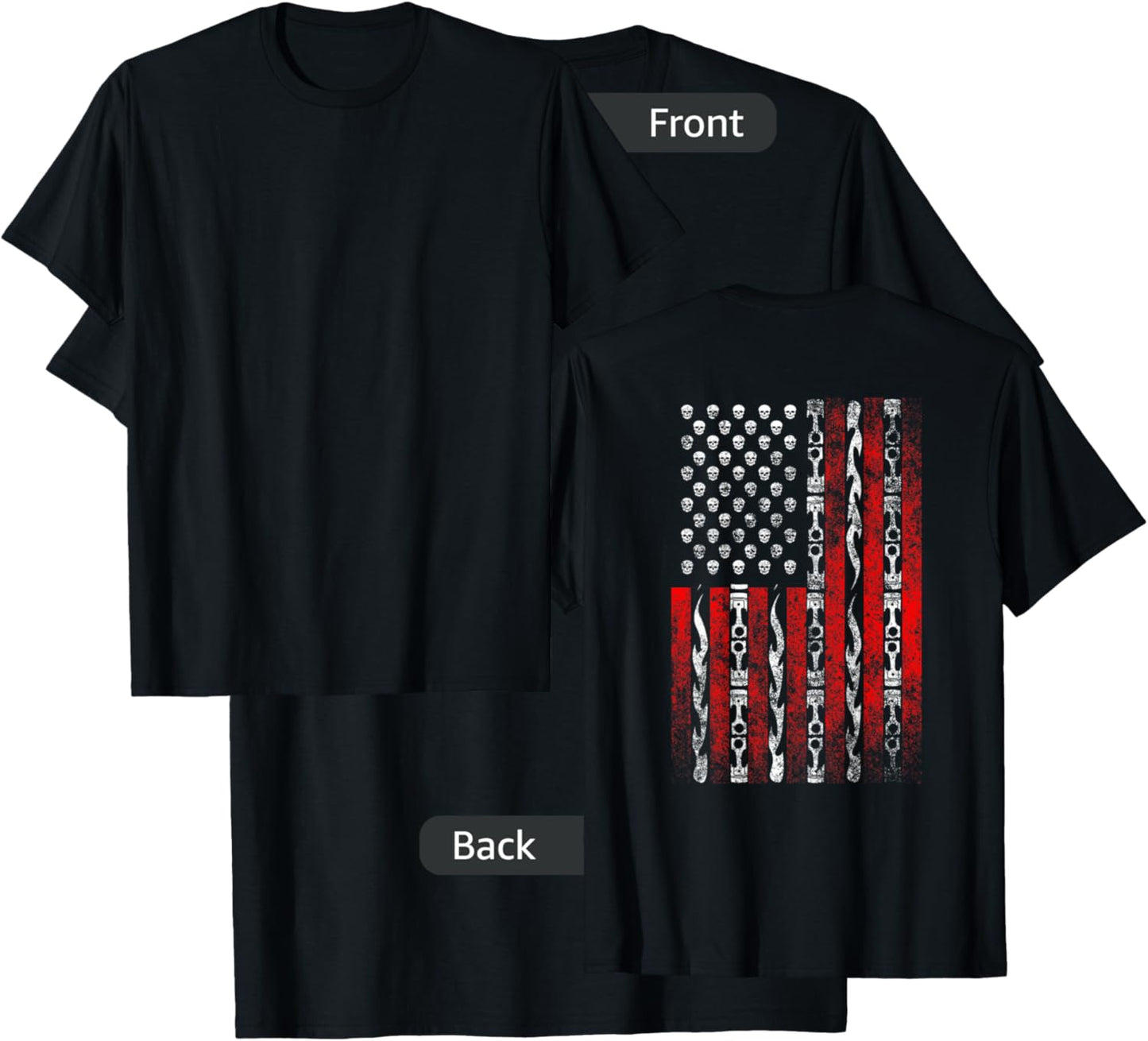 Patriotic Biker Back Print Shirt Skull Flame Motorcycle T-Shirt - T-Shirt | Black