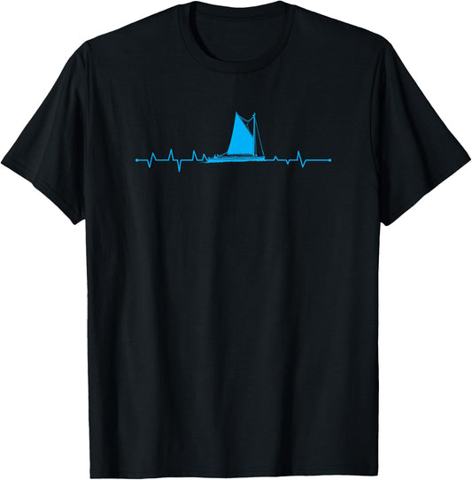 Sailboat Heartbeat Sailor Fishermen Boat Lover T-Shirt - T-Shirt | Black