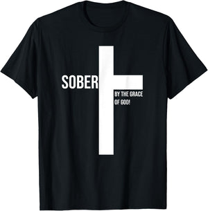 Sober for Jesus By The Grace Of God Cross Sobriety Recovery T-Shirt - T-Shirt | Black