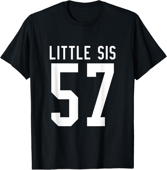 Number 57 Little Sis Biggest Fan Football Game Day Sister T-Shirt - T-Shirt | Black