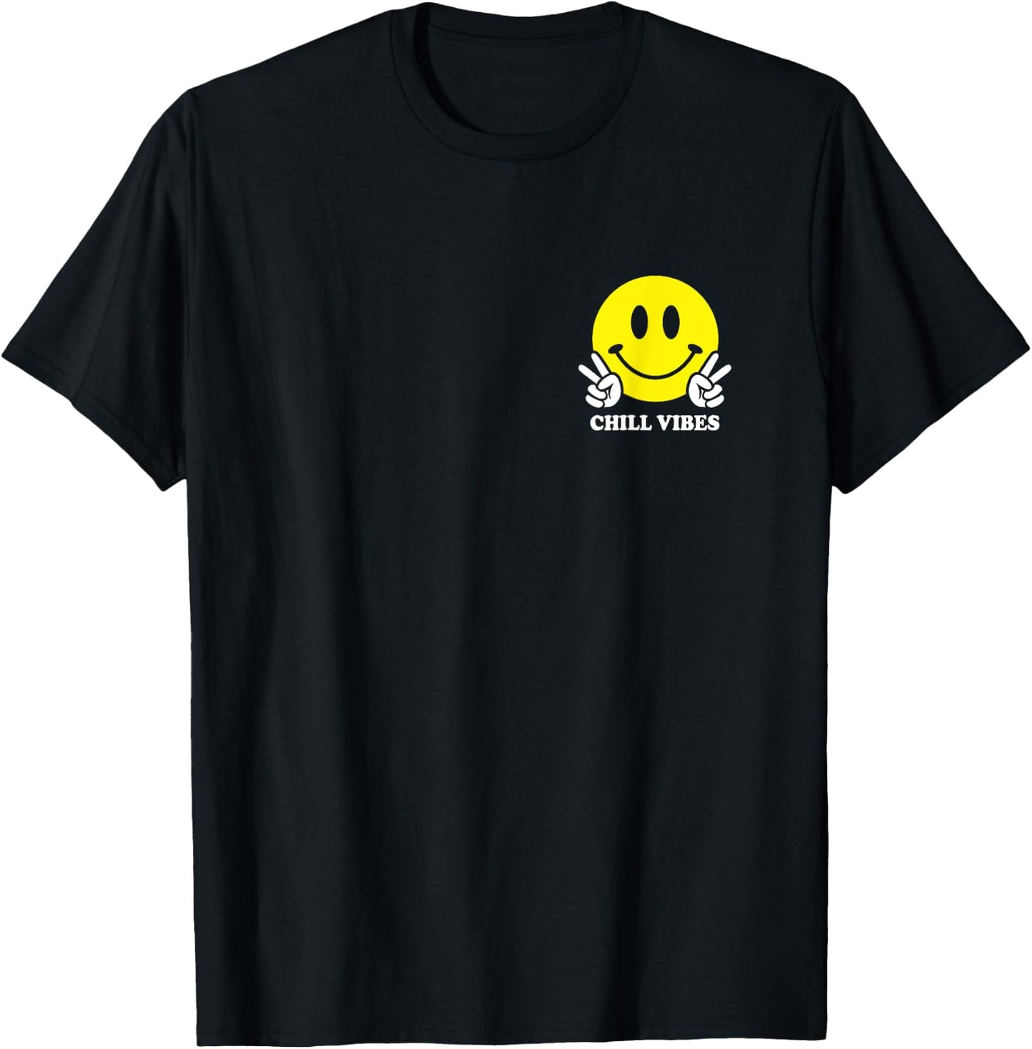 Chill Vibes 70s Yellow Smile Face Cute Peace Hand Happy Face T-Shirt - T-Shirt | Black