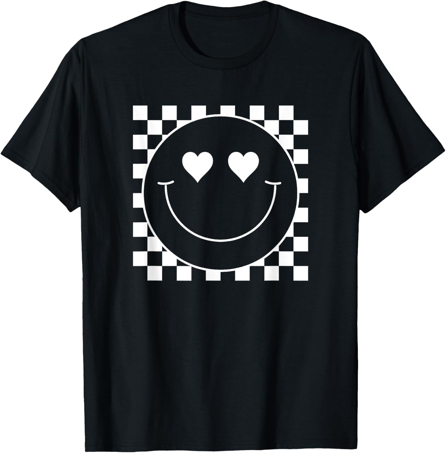 White Checkered 80s Heart Eyes Smile Face Shirt Happy Face T-Shirt - T-Shirt | Black