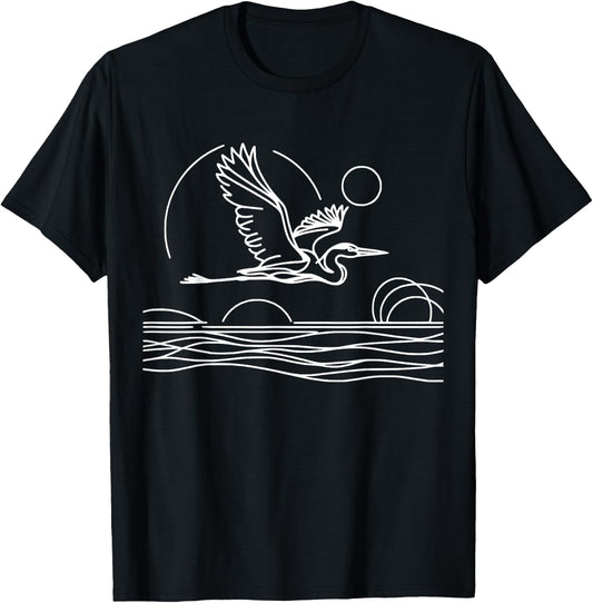 Line Art Bird & Ornithologist Great Blue Heron T-Shirt - T-Shirt | Black