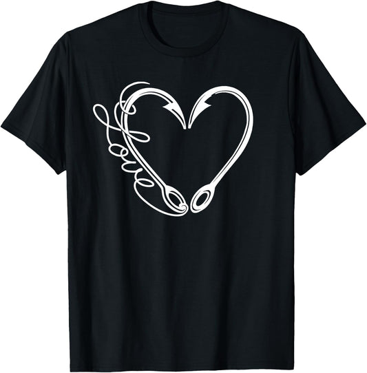 Love Fishing Heart Hooks Line Fisherman Women Men Boys Kids T-Shirt - T-Shirt | Black