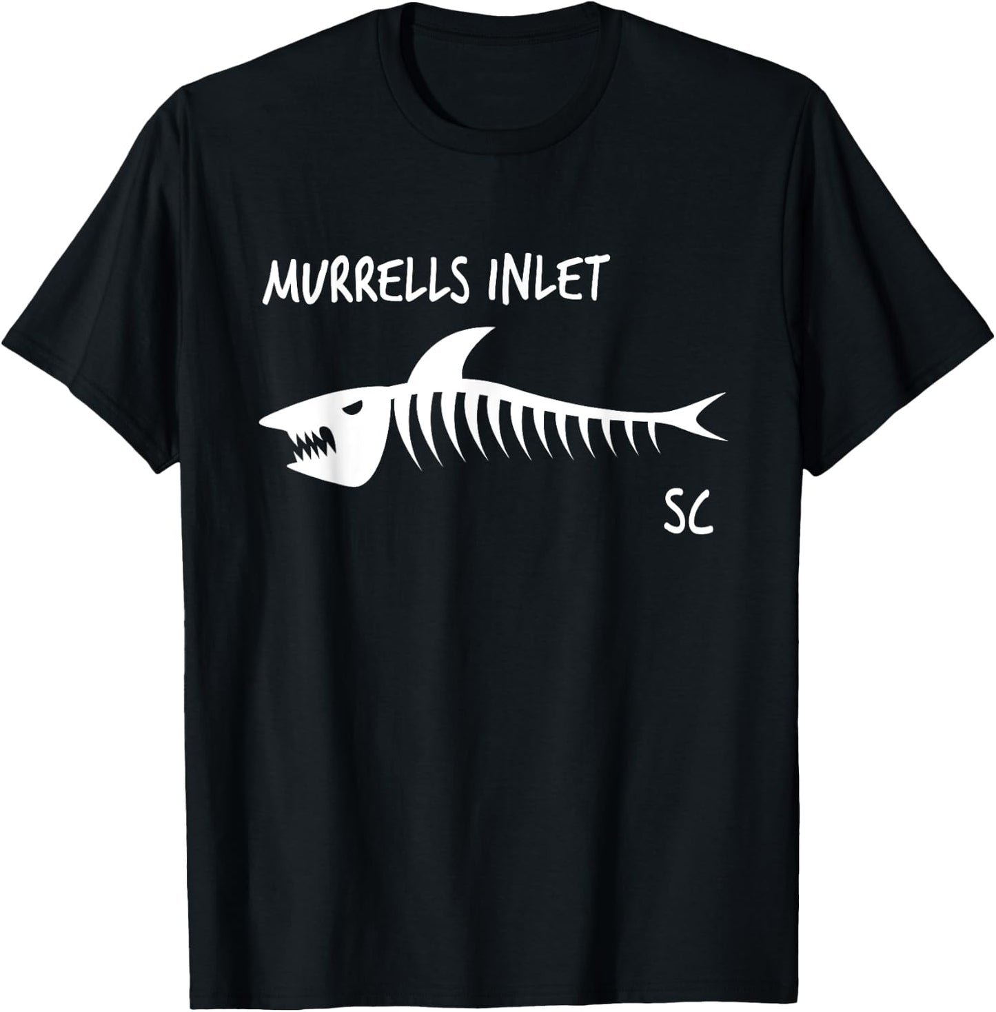 Murrells Inlet SC Shark Skeleton White Print T-Shirt - T-Shirt | Black