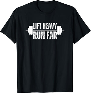 Lift heavy Run Far Weightlifter funny gym barbell runner T-Shirt - T-Shirt | Black