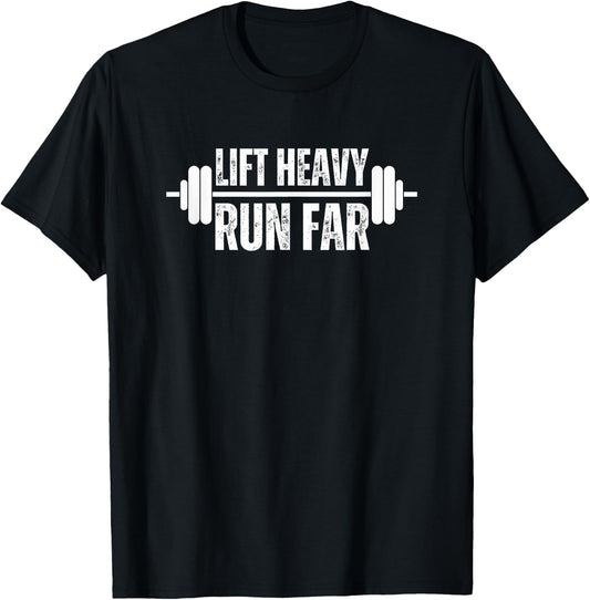 Lift heavy Run Far Weightlifter funny gym barbell runner T-Shirt - T-Shirt | Black