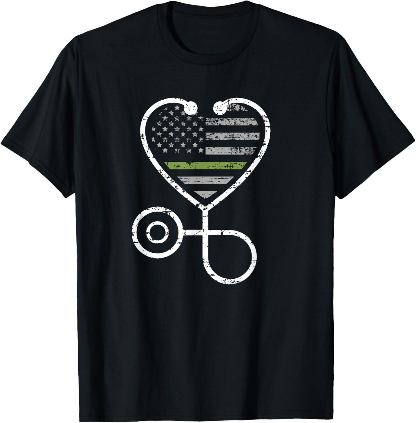 Thin Green Line Stethoscope Heart Military Nurse T-Shirt - T-Shirt | Black