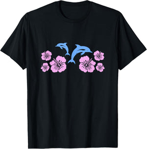 Dolphin Hibiscus Y2K Aesthetic T-Shirt - T-Shirt | Black