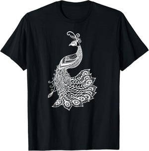 & Girls Beautiful Mandala Art Bird Peacock Lover T-Shirt - T-Shirt | Black