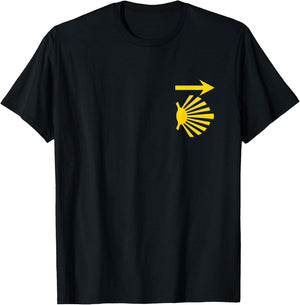 Camino de Santiago Blue Shirt Yellow Scallop Shell Arrow T-Shirt - T-Shirt | Black