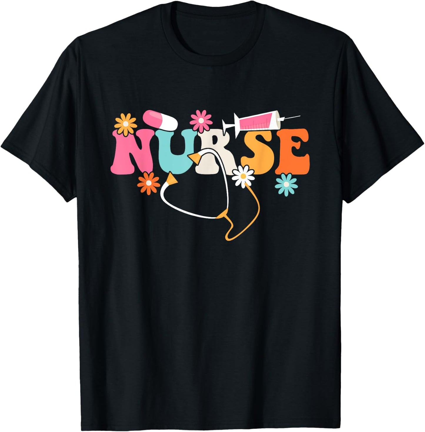 Nurse - Cute Retro Groovy Nurse Flower Nursing T-Shirt - T-Shirt | Black