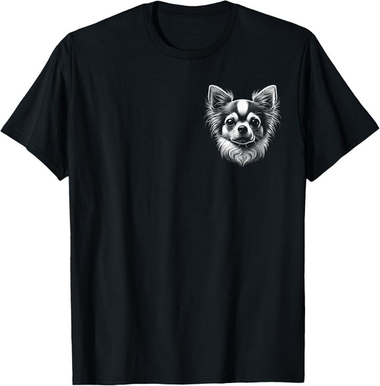 Cute Chihuahua Elegant Black and White Portrait on Chest T-Shirt - T-Shirt | Black
