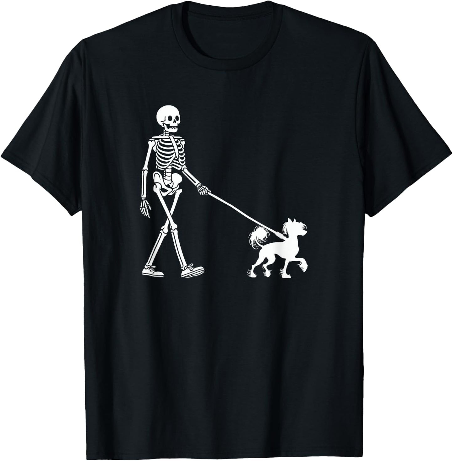 Skeleton Walking a Dog Chinese Crested Dog Halloween Outfit T-Shirt - T-Shirt | Black
