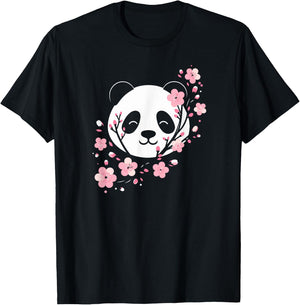 Cherry Blossom Panda Cute Minimalist Giant Panda Bear T-Shirt - T-Shirt | Black