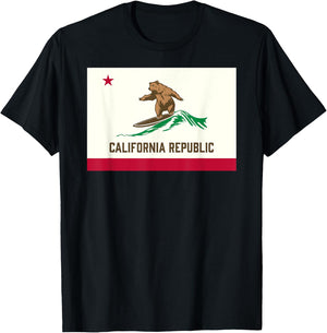 California Republic Bear Surfing-State Flag Inspired Design T-Shirt - T-Shirt | Black