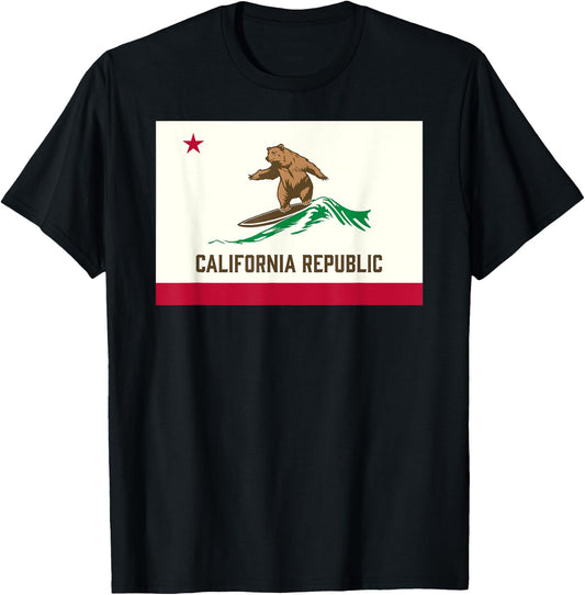 California Republic Bear Surfing-State Flag Inspired Design T-Shirt - T-Shirt | Black