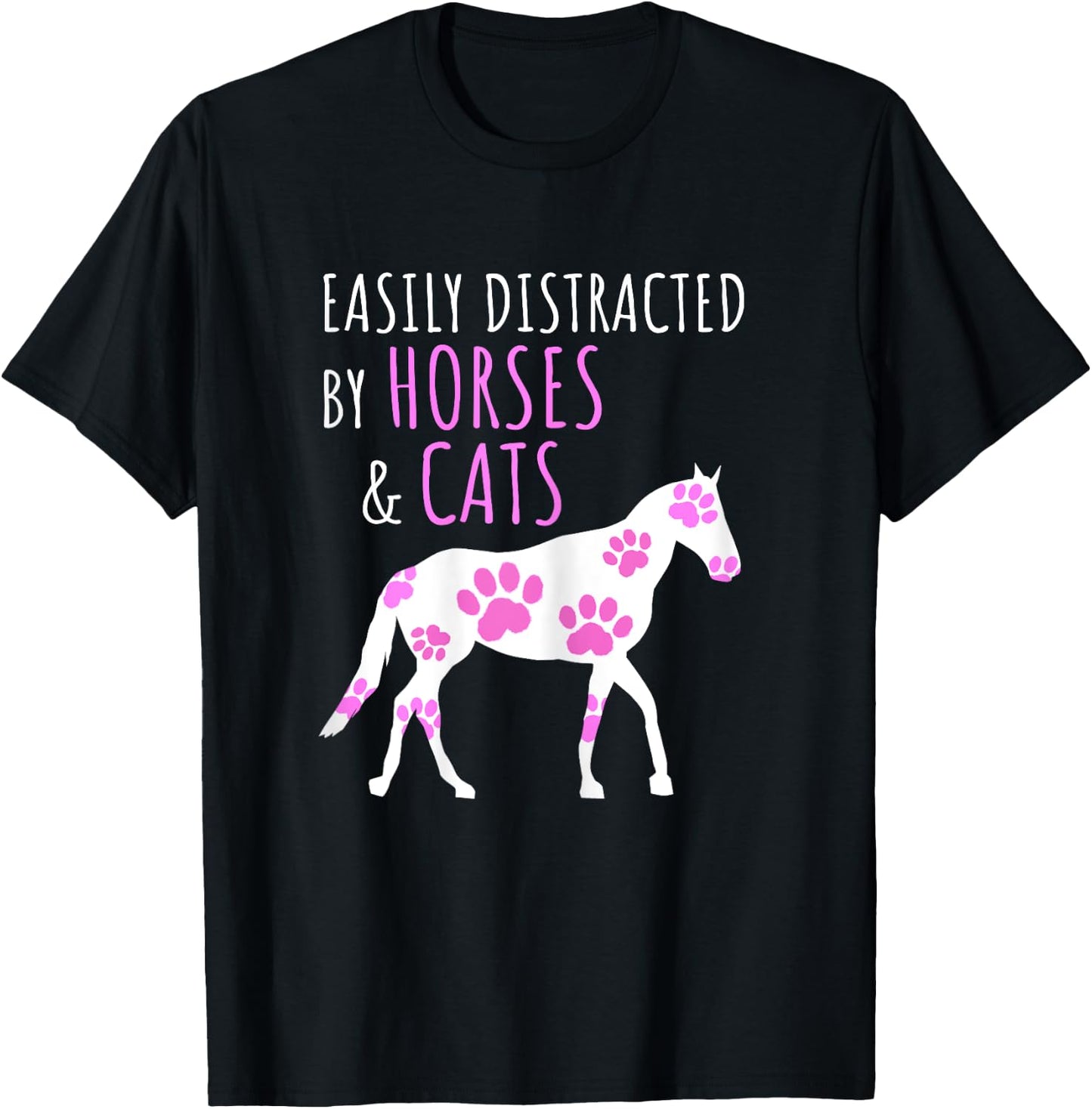 Cute Easily Distracted by Horses and Cats T-Shirt - T-Shirt | Black
