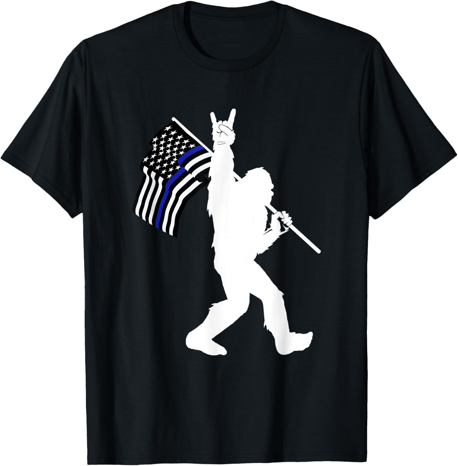 Funny Bigfoot Rock and Roll Thin Blue Line Flag for Police T-Shirt - T-Shirt | Black