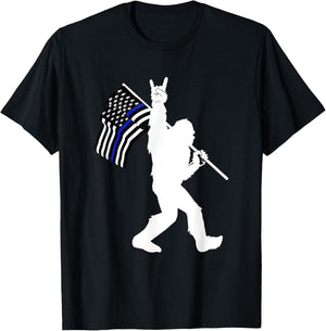 Funny Bigfoot Rock and Roll Thin Blue Line Flag for Police T-Shirt - T-Shirt | Black