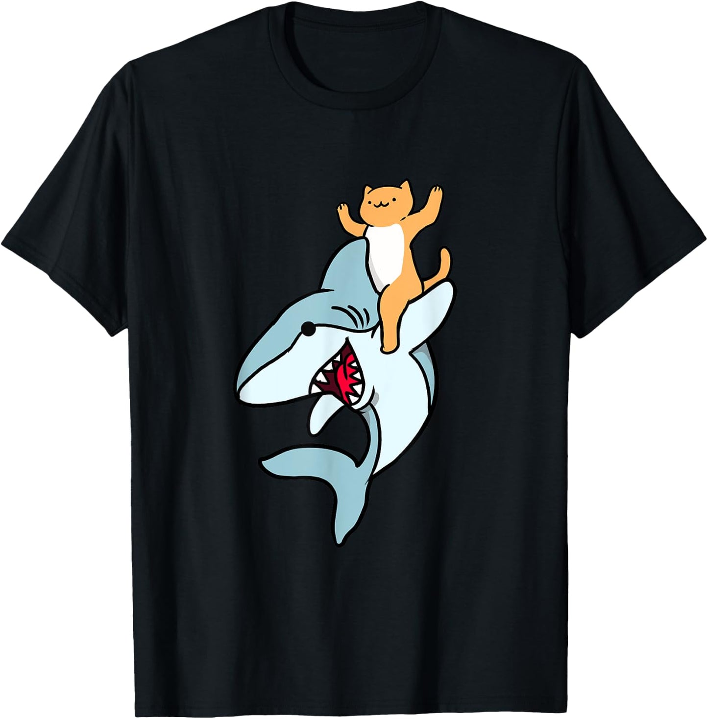 Cat Riding Shark Men Women Kids T-Shirt - T-Shirt | Black