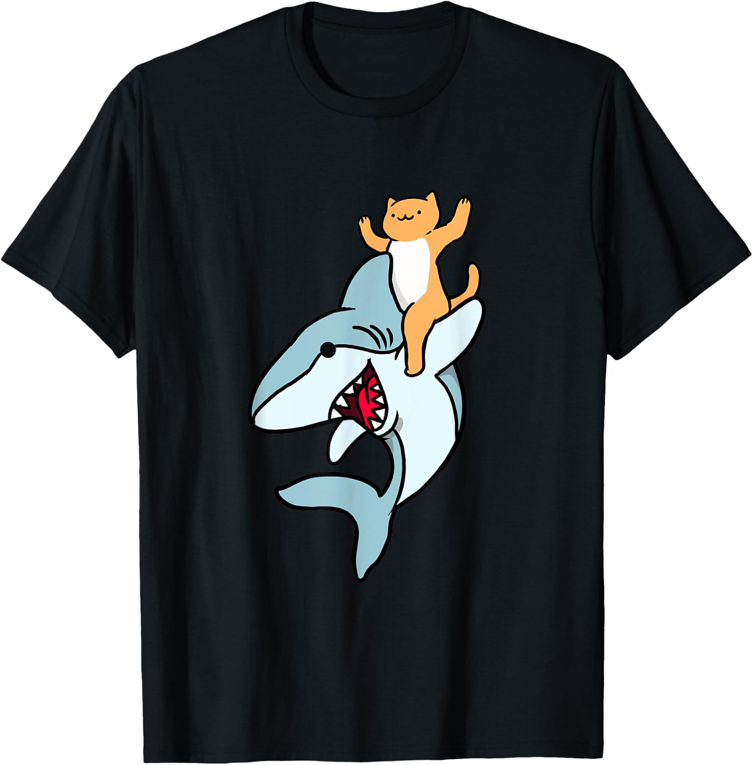 Cat Riding Shark Men Women Kids T-Shirt - T-Shirt | Black