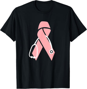 Breast Cancer Awareness Scrub Top Pink Ribbon Stethoscope T-Shirt - T-Shirt | Black
