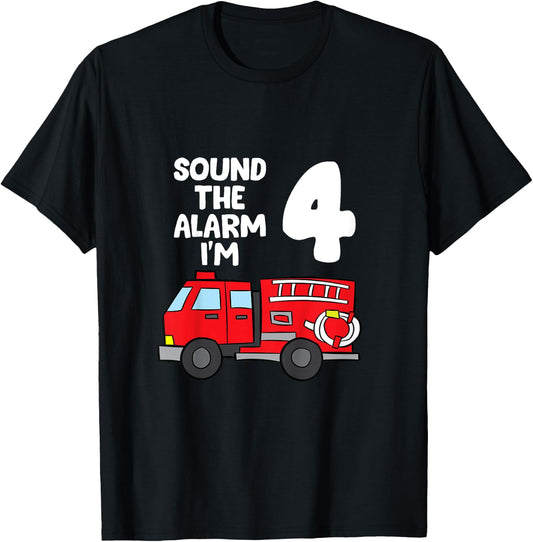 Sound Alarm I'm 4 Children 4. Birthday Fire Truck T-Shirt - T-Shirt | Black