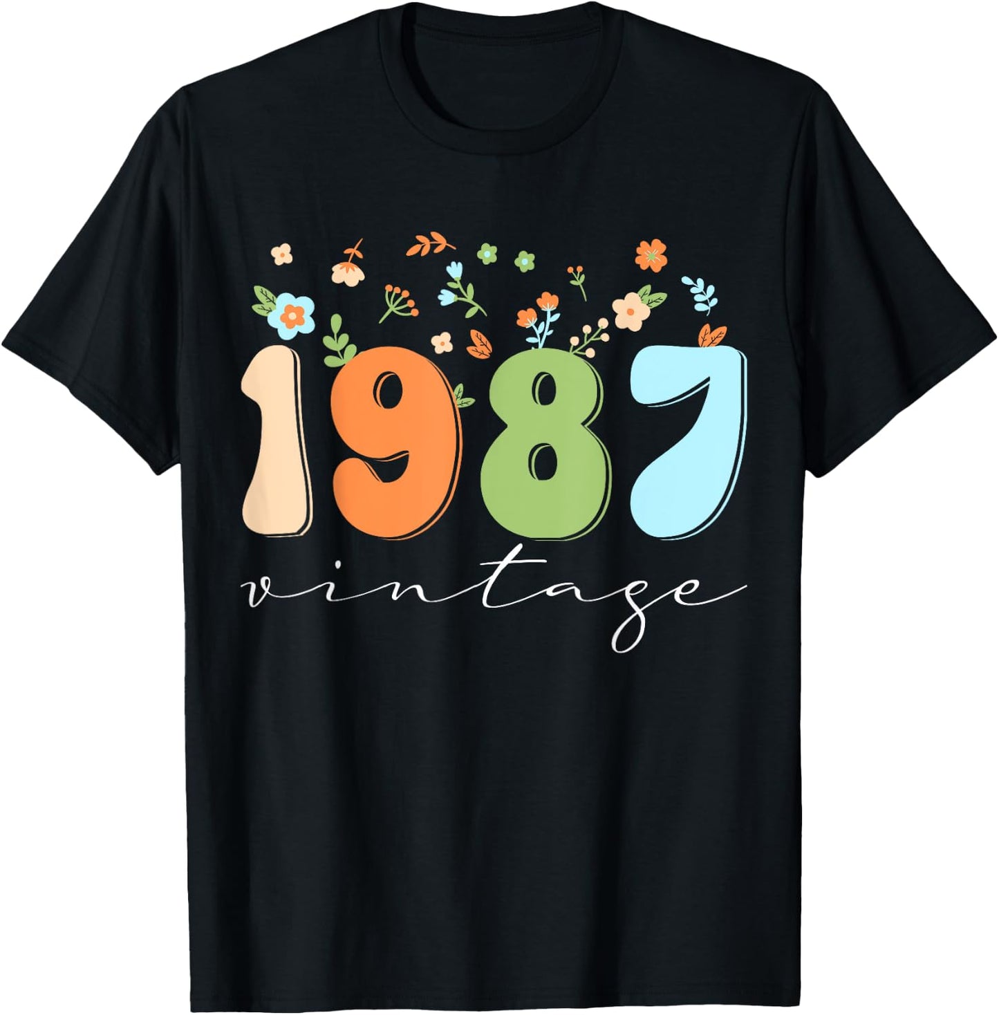 Vintage 1987 Shirt Funny Flower Graphic Retro T-Shirt - T-Shirt | Black