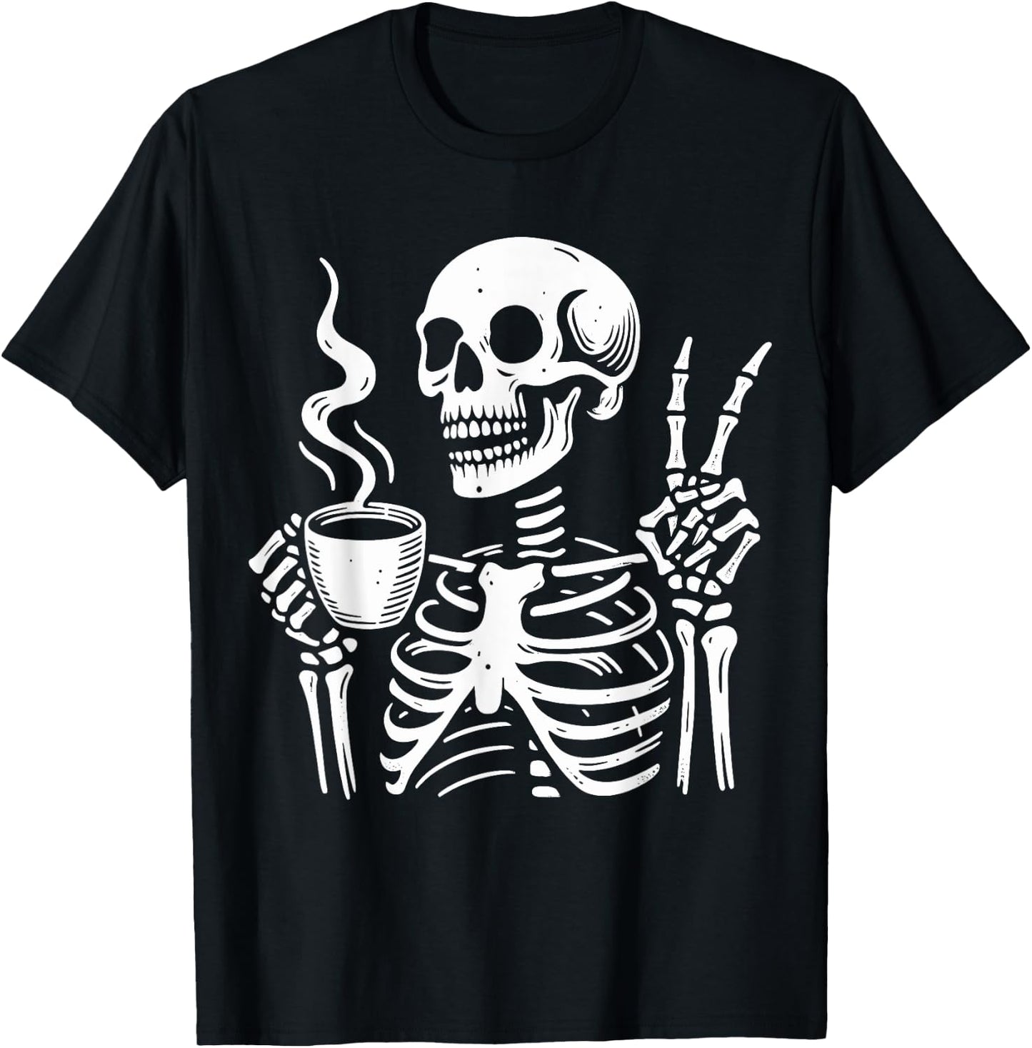 Skeleton Drinking Coffee Gothic Peace Sign Halloween Hippie T-Shirt - T-Shirt | Black