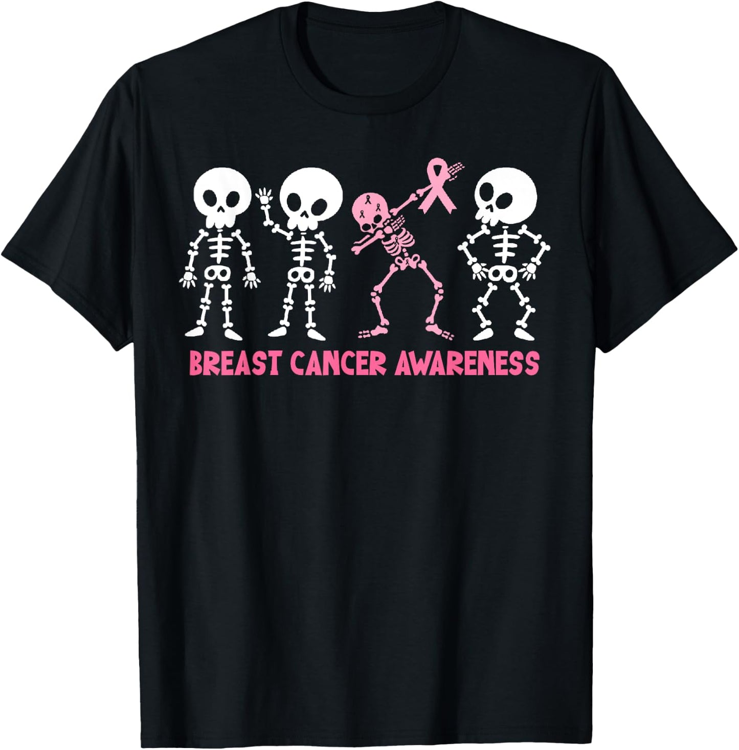 Pink Ribbon Breast Cancer Awareness Skeleton Women Men Kids T-Shirt - T-Shirt | Black