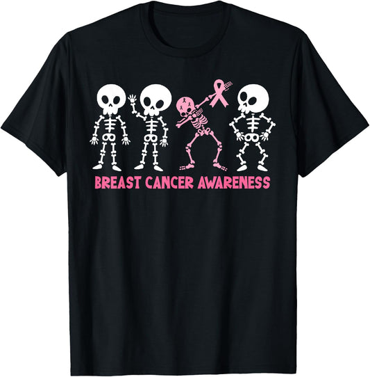 Pink Ribbon Breast Cancer Awareness Skeleton Women Men Kids T-Shirt - T-Shirt | Black