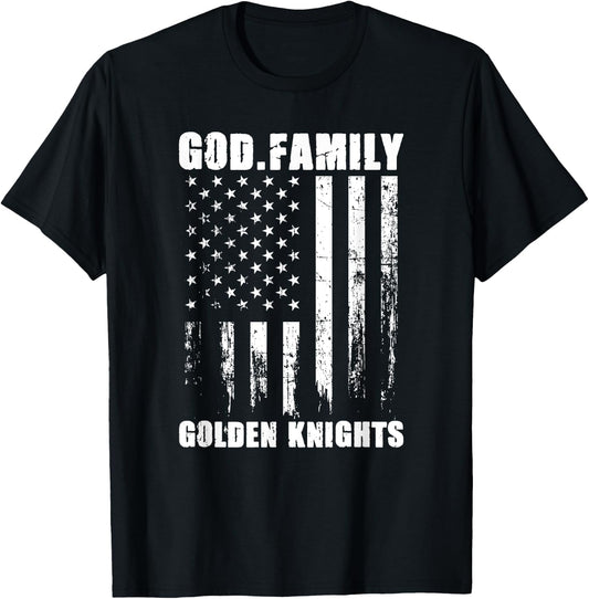 God. Family. Golden Knights. Vintage USA Flag T-Shirt - T-Shirt | Black