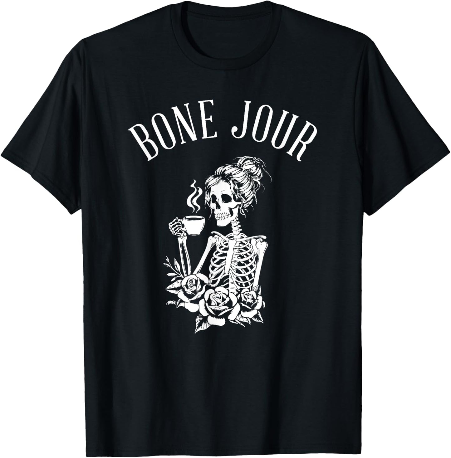 Bone Jour Skeleton Halloween Bon Jour Coffee Drinker T-Shirt - T-Shirt | Black