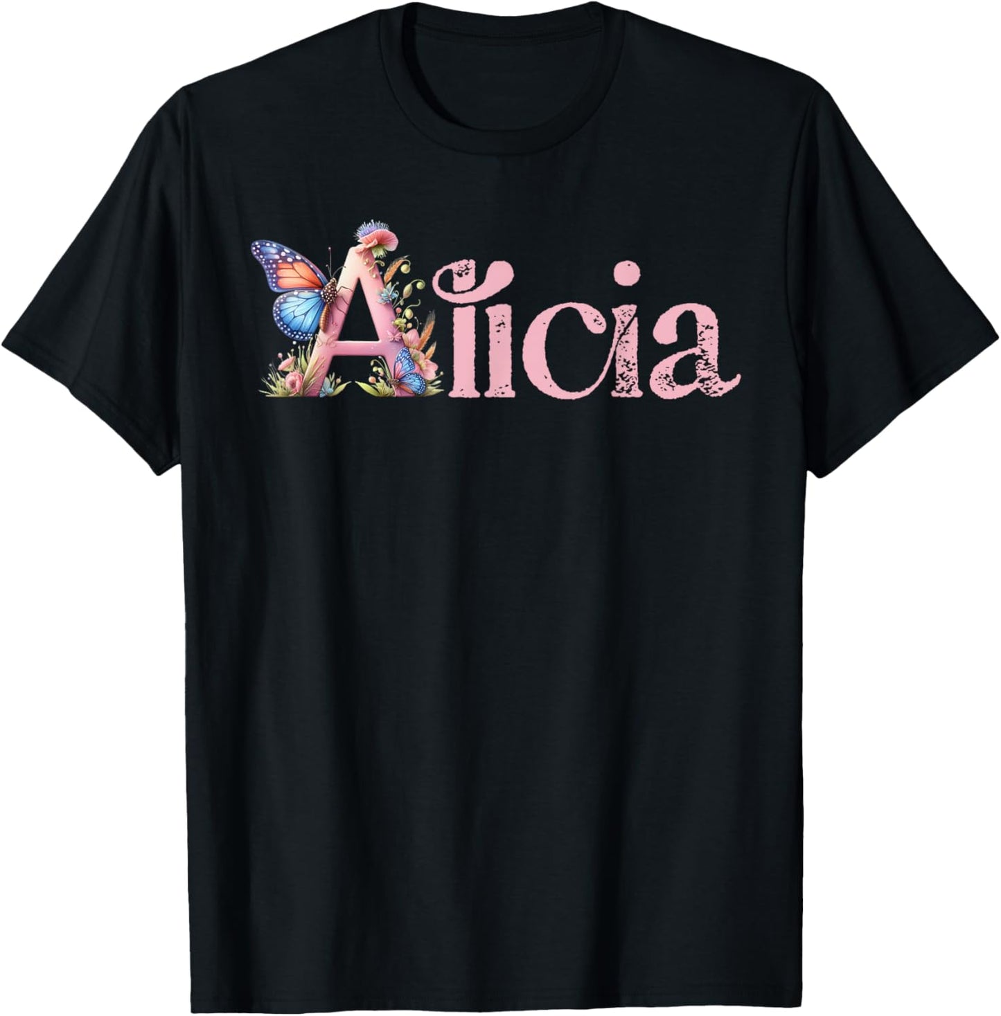 Alicia Initial A Spring Floral And Wings Name T-Shirt - T-Shirt | Black