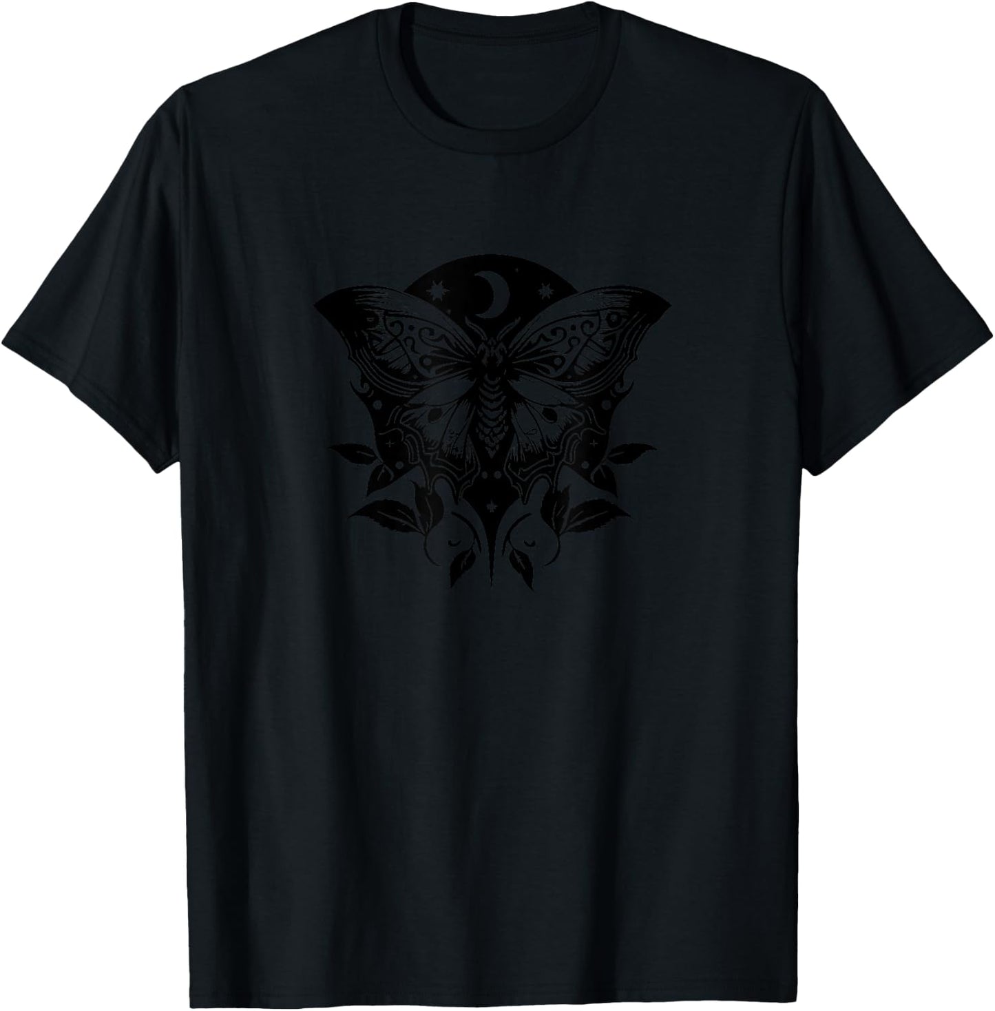 Moth, moon, butterfly, leafs, stars, goth, magic, mystic T-Shirt - T-Shirt | Black