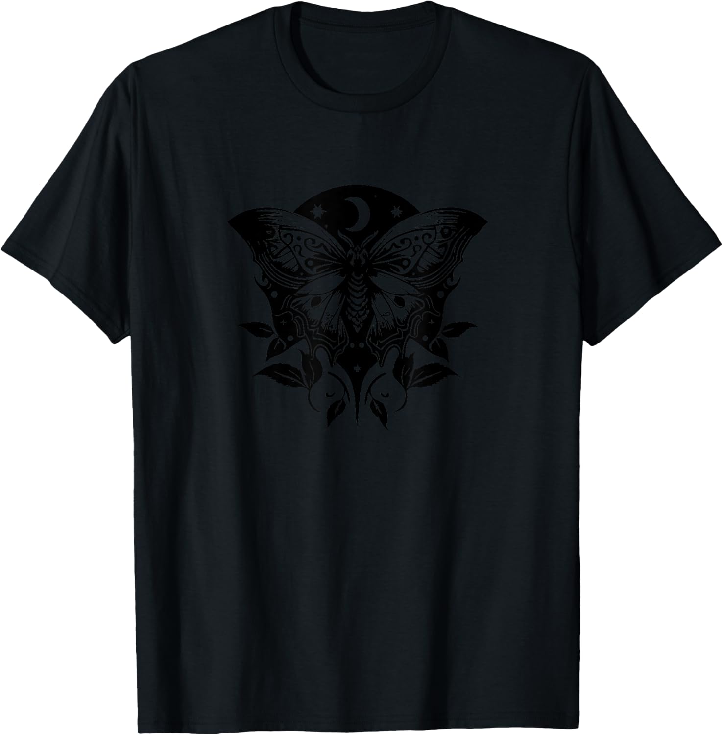 Moth, moon, butterfly, leafs, stars, goth, magic, mystic T-Shirt - T-Shirt | Black