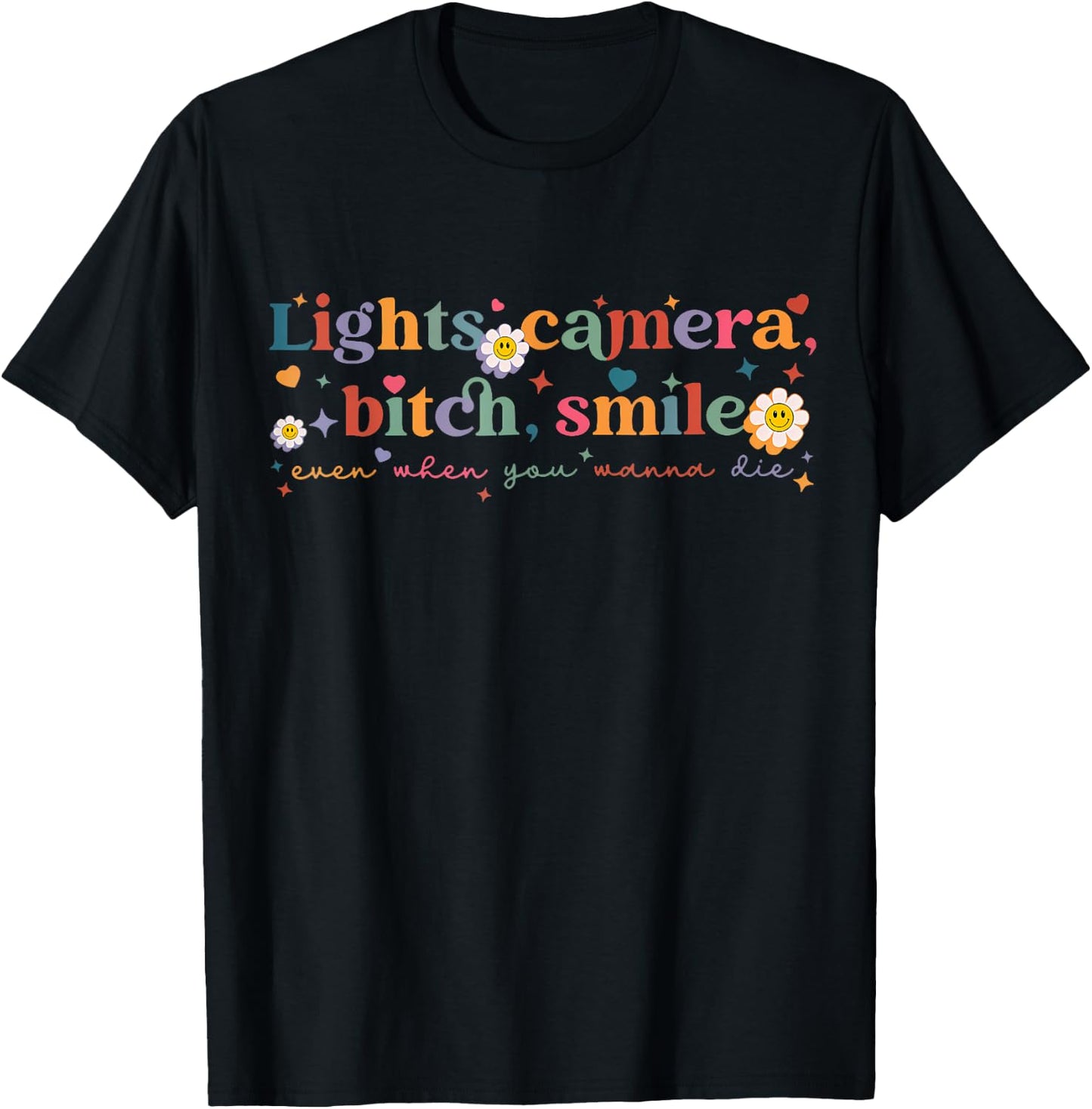 Funny Lights Camera Bit-Ch Smile Retro Girls Women T-Shirt - T-Shirt | Black
