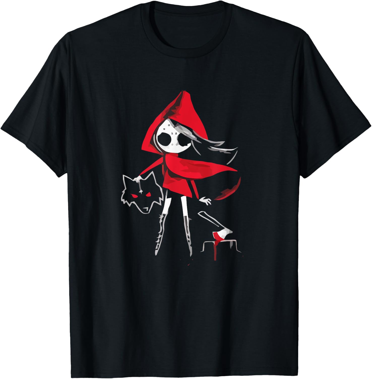 Red Riding Hood Girl with Head of Wolf Scary Gothic Art T-Shirt - T-Shirt | Black