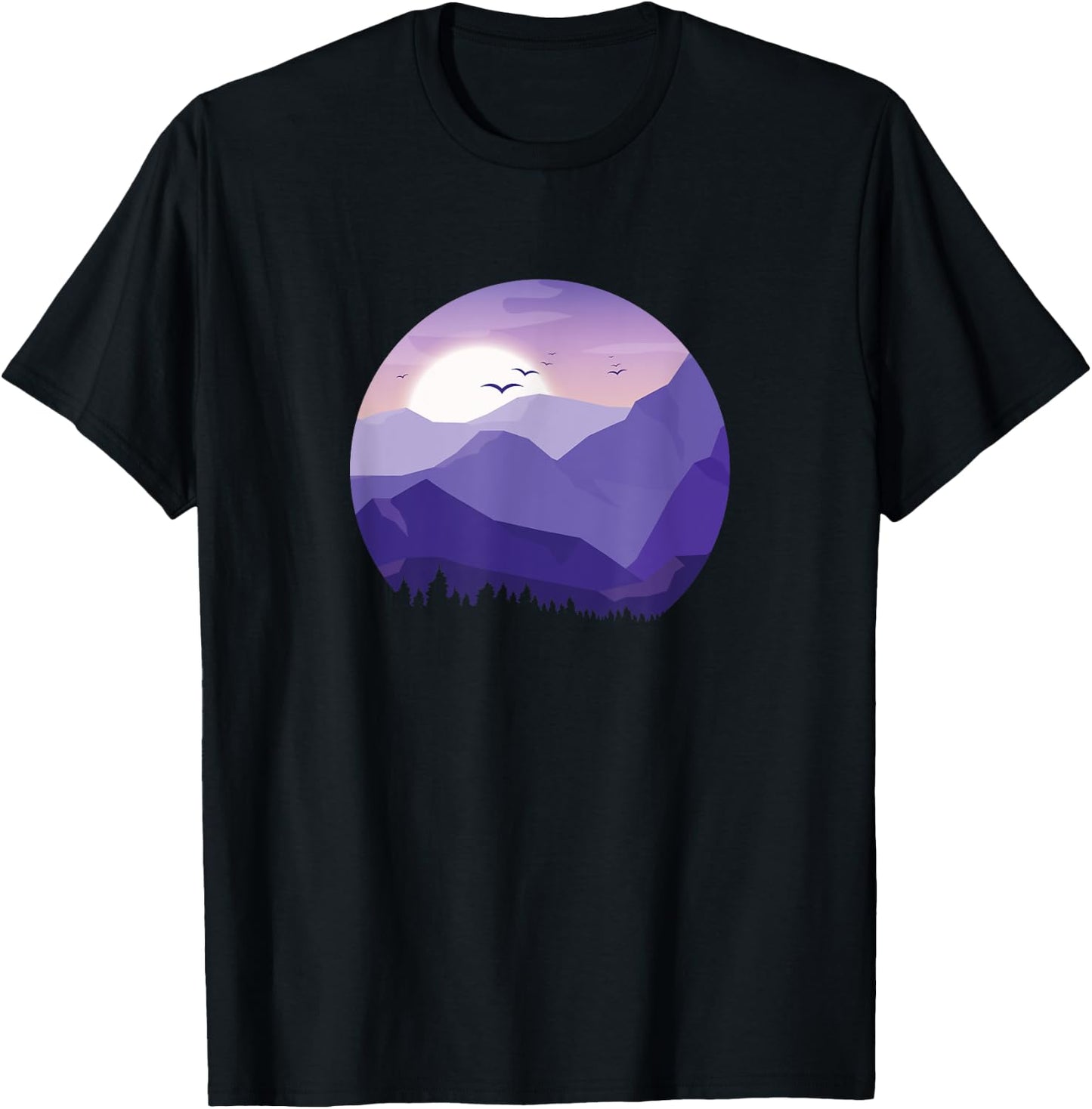 Sunrise Birds Forest Scene Mountain Silhouette T-Shirt - T-Shirt | Black
