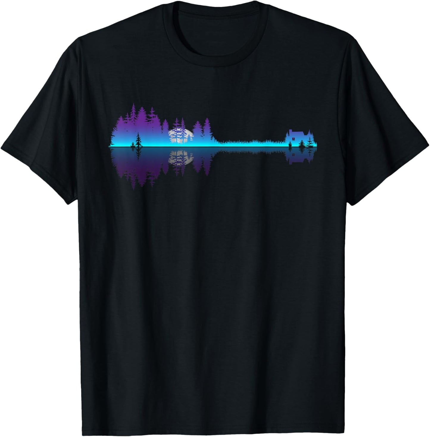 Musician Guitar Shaped Trees Lake Reflection of Cabin Moon T-Shirt - T-Shirt | Black