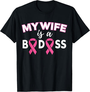 My Wife Is A Badass Breast Cancer Husband Family Support T-Shirt - T-Shirt | Black